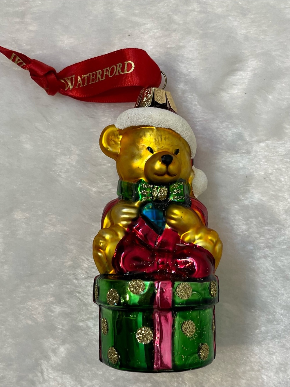 WATERFORD Glass Christmas Ornament Plaid Teddy Bear
